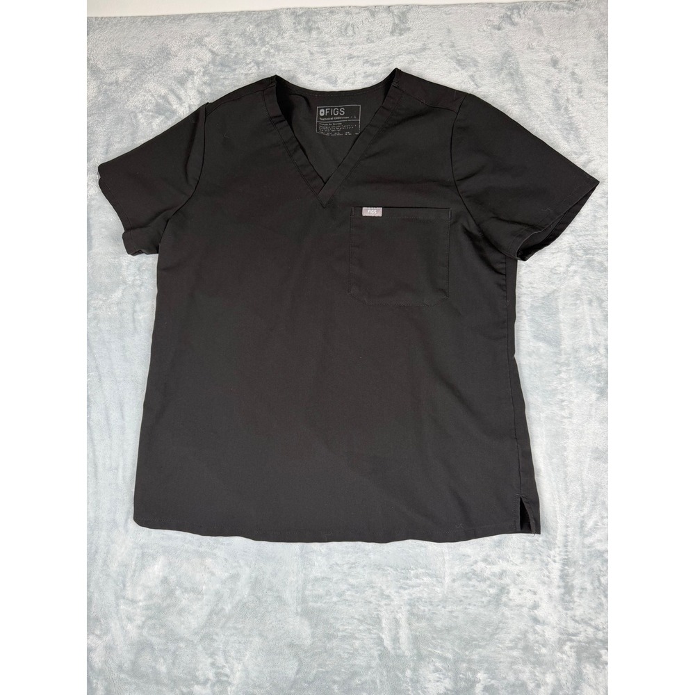 Figs Technical Collection V-Neck Scrub Top Black Size L Single Pocket Tailored